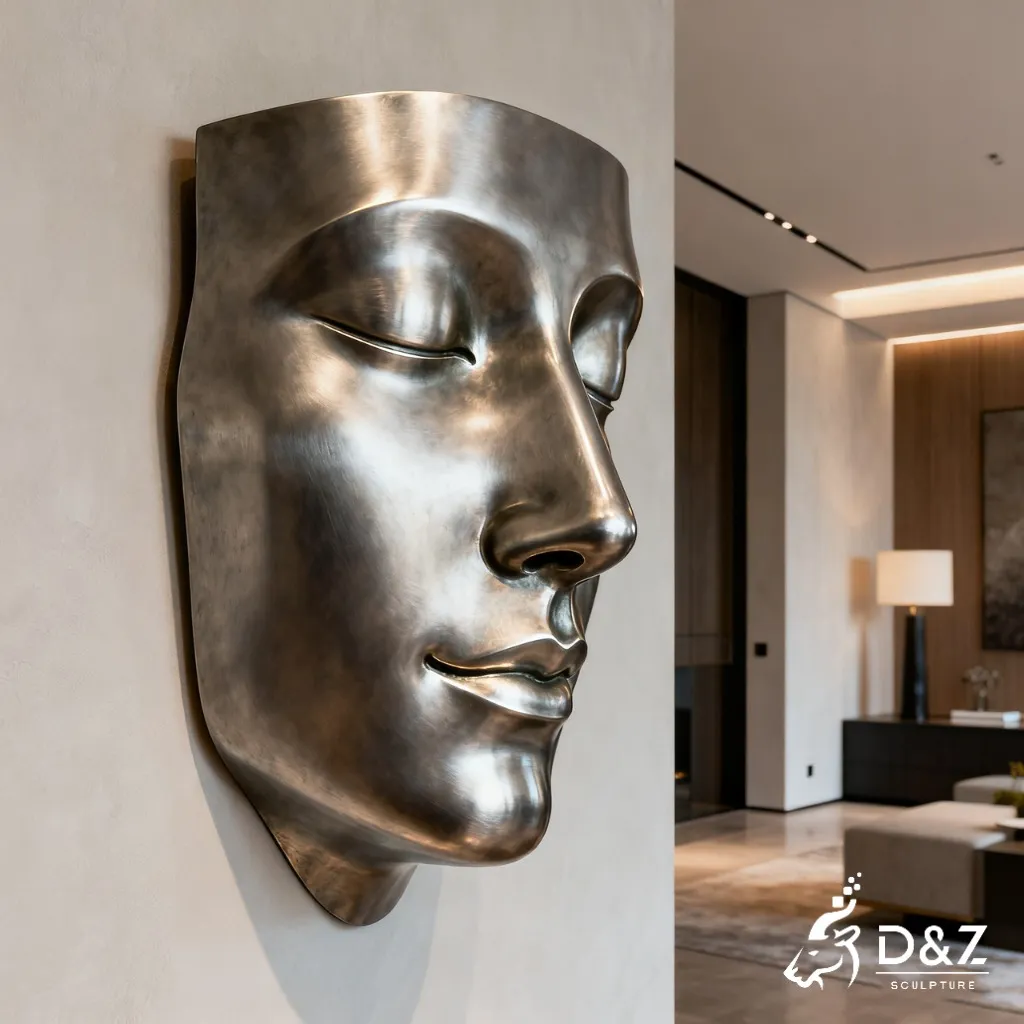 Custom Metal Face Wall Sculpture, crafted in stainless steel, mirror polished surface, gardens, villas, plazas, or hotels-5
