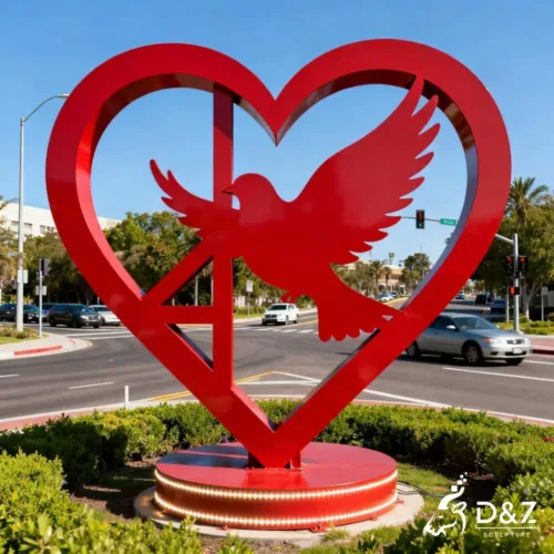 Custom metal peace and love sculpture, crafted in stainless steel, mirror polished surface, outdoor and indoor spaces-3