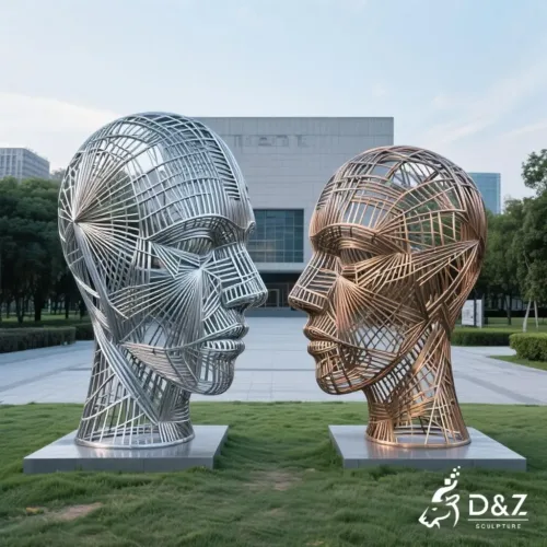 Custom Metal Wire Face Sculpture, crafted in stainless steel, mirror polished surface, gardens, villas, museums, plazas, or hotels-1