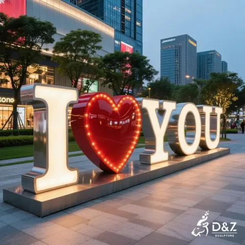 Custom metal love word sculpture, crafted in stainless steel, mirror polished surface, outdoor and indoor spaces-3