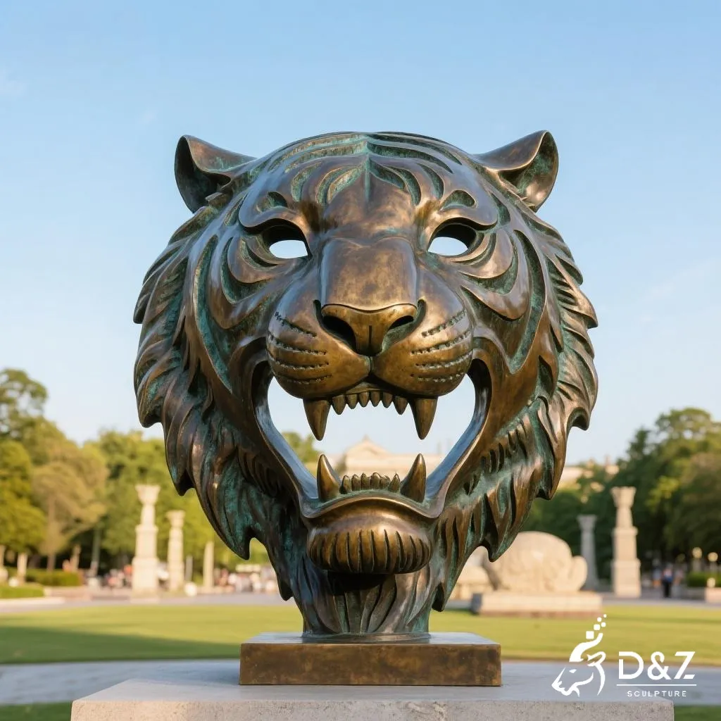 Large bronze tiger face sculpture, cast by lost-wax method, polished surface, outdoor and indoor decoration-1