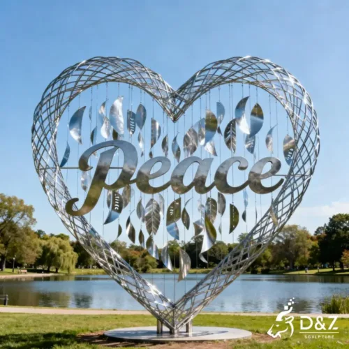 Custom metal peace and love sculpture, crafted in stainless steel, mirror polished surface, outdoor and indoor spaces-4