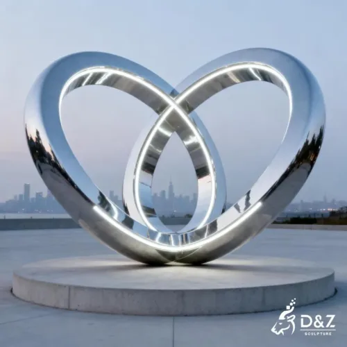 Custom metal love knot sculpture, crafted in stainless steel, mirror polished surface, outdoor and indoor spaces-8