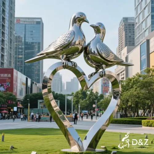 Custom metal Love Birds sculpture, crafted in stainless steel, mirror polished surface, outdoor and indoor spaces-6