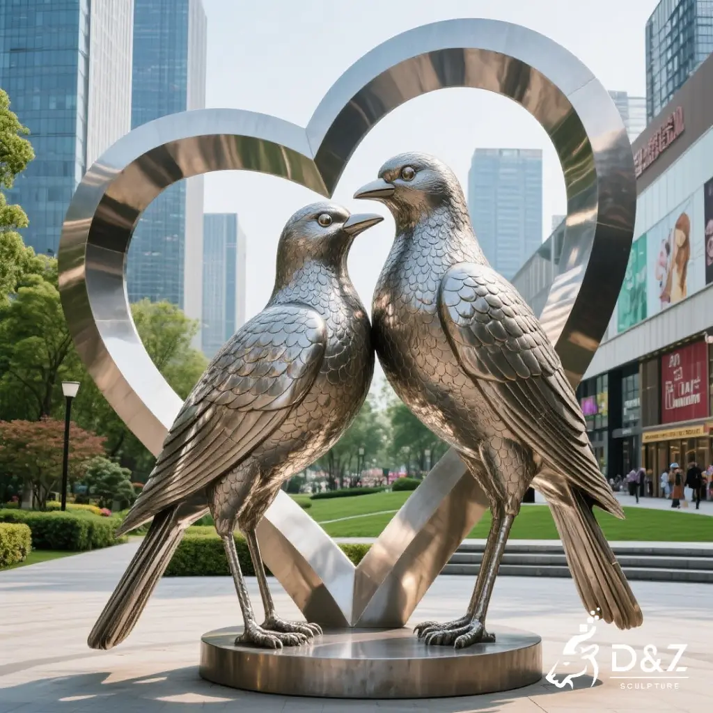 Custom metal Love Birds sculpture, crafted in stainless steel, mirror polished surface, outdoor and indoor spaces-7