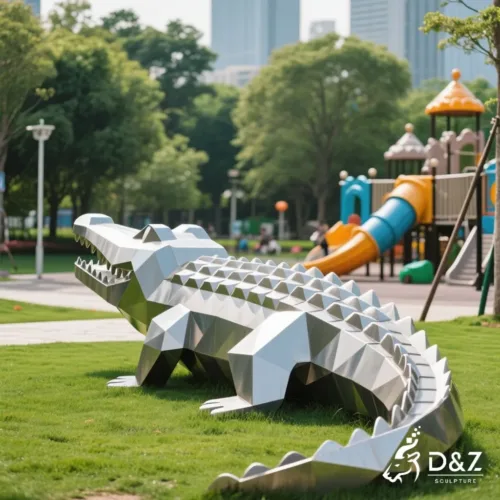 Custom metal crocodile sculpture, crafted in stainless steel, mirror polished surface, outdoor and indoor spaces-2
