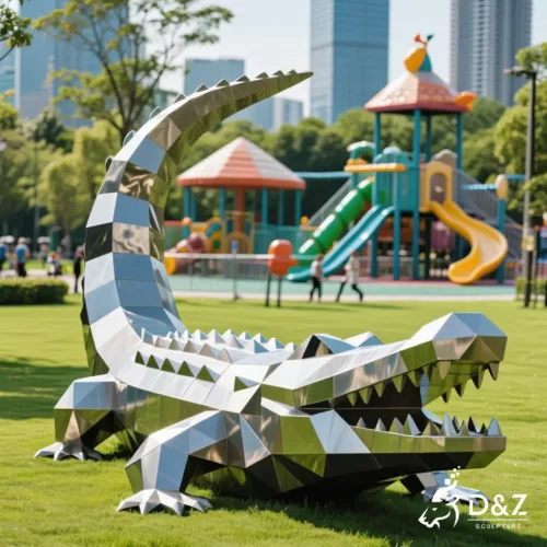 Custom metal crocodile sculpture, crafted in stainless steel, mirror polished surface, outdoor and indoor spaces-6