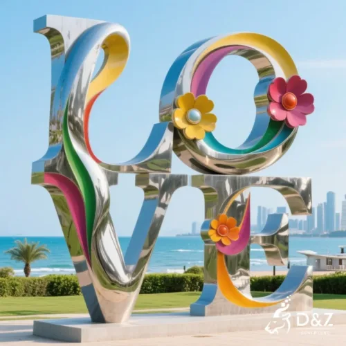 Custom metal Burning Man Love sculpture, crafted in stainless steel, mirror polished surface, outdoor and indoor spaces-8