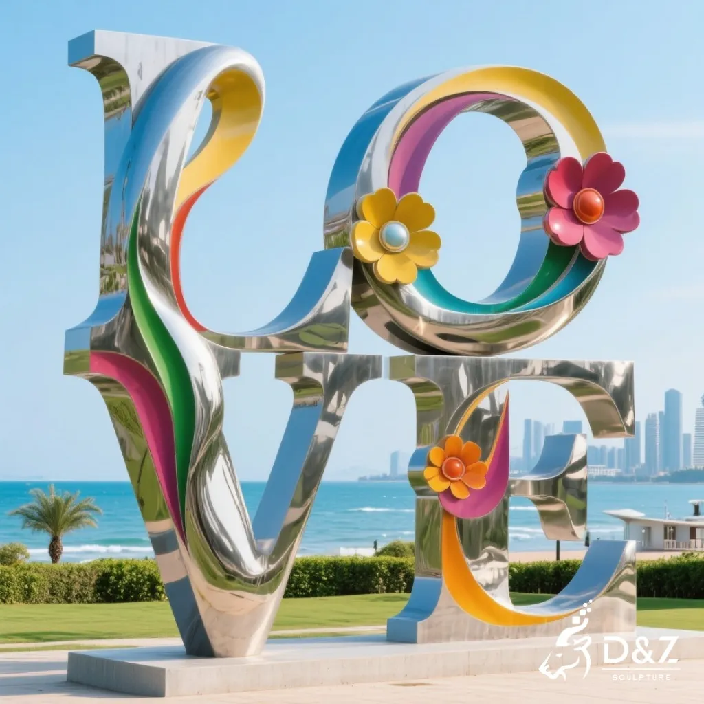 Custom metal Burning Man Love sculpture, crafted in stainless steel, mirror polished surface, outdoor and indoor spaces-8