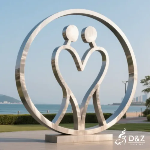 Custom metal circle of love sculpture, crafted in stainless steel, mirror polished surface, outdoor and indoor spaces-8