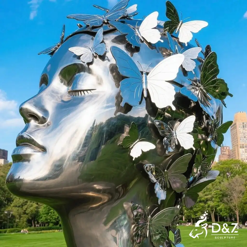 Custom Metal Woman Garden Face Sculpture with Butterfly, crafted in stainless steel, mirror polished surface, gardens, villas, museums, plazas, or hotels-1