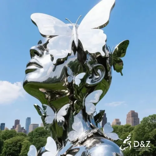 Custom Metal Woman Garden Face Sculpture with Butterfly, crafted in stainless steel, mirror polished surface, gardens, villas, museums, plazas, or hotels-7