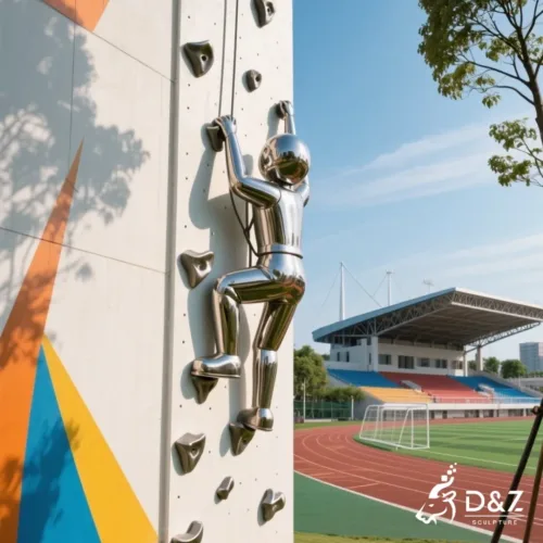 Custom Metal Rock Climbing Man Wall Sculpture, crafted in stainless steel, mirror polished surface, sports, gyms, gardens, villas, plazas, or hotels-1