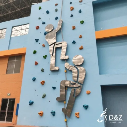 Custom Metal Rock Climbing Man Wall Sculpture, crafted in stainless steel, mirror polished surface, sports, gyms, gardens, villas, plazas, or hotels-2