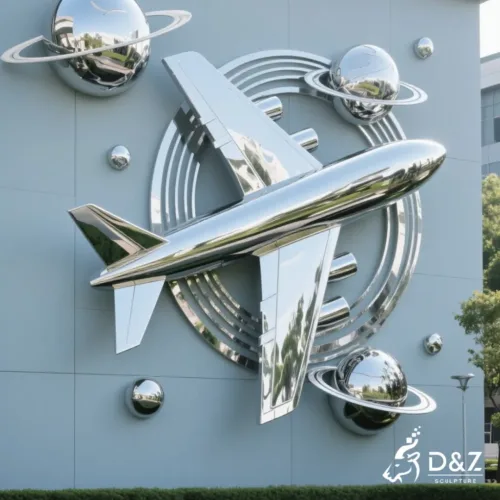 Custom Metal Airplane Wall Sculpture, crafted in stainless steel, mirror polished surface, universities, airports, corporations, and city parks-9