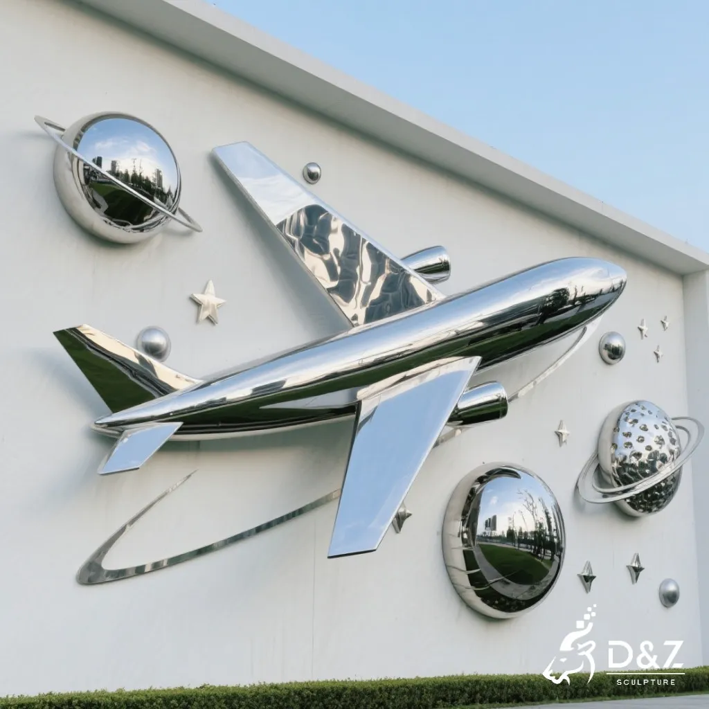 Custom Metal Airplane Wall Sculpture, crafted in stainless steel, mirror polished surface, universities, airports, corporations, and city parks-10