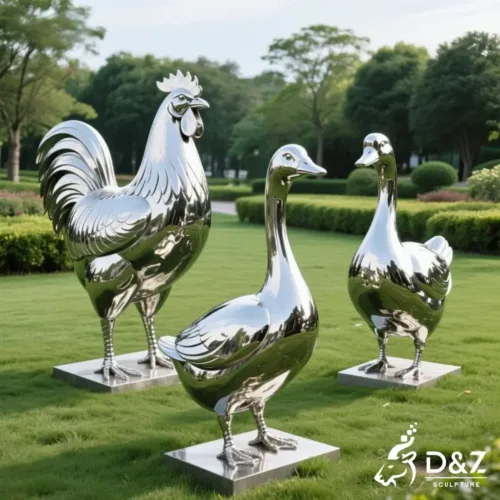 Custom metal goose garden statue with chicken garden statue and duck garden statue, crafted in stainless steel, mirror polished surface, geometric and playful, outdoor and indoor spaces-1