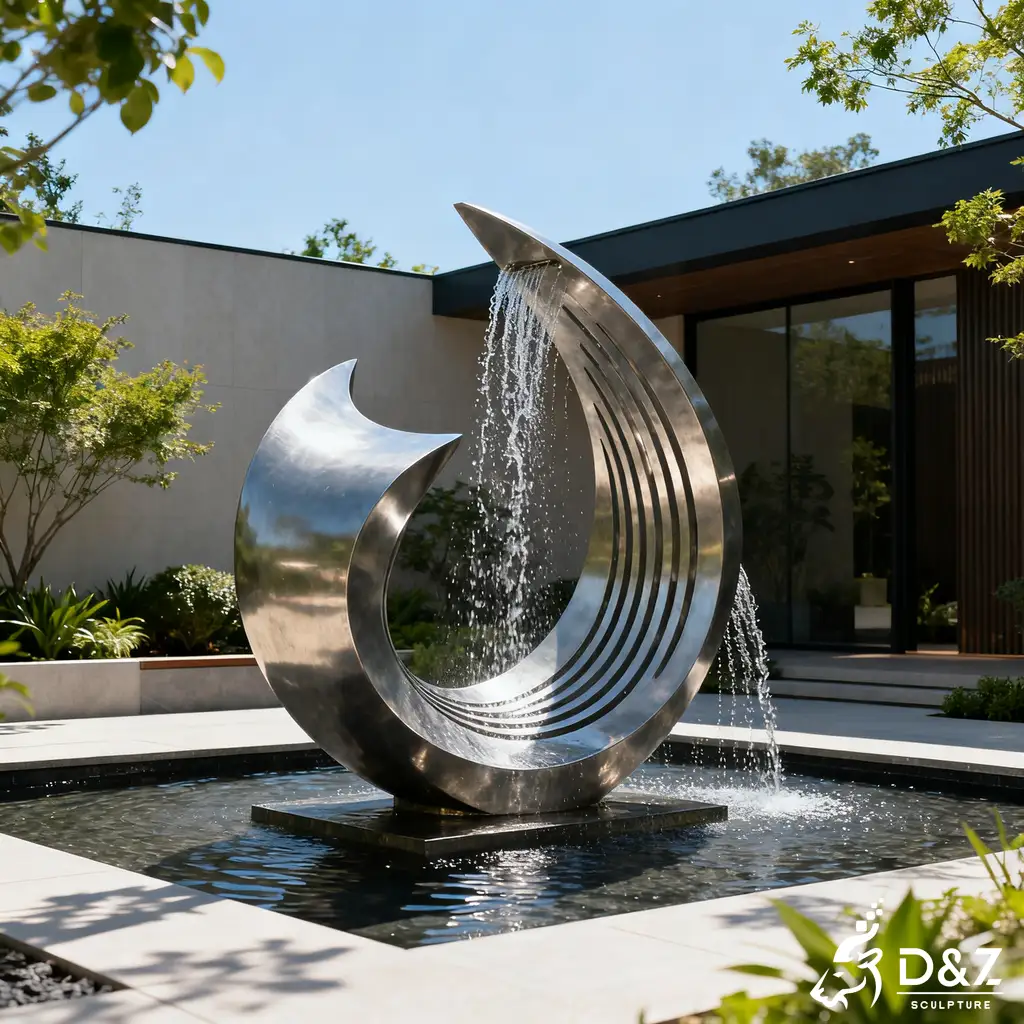 Custom metal modern house fountain, crafted in stainless steel, mirror polished or matte surface, outdoor and indoor spaces-1