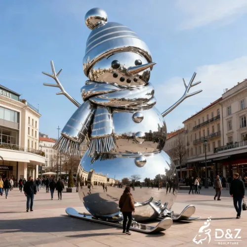 Custom funny metal snowman sculpture, crafted in stainless steel, mirror polished surface, outdoor and indoor spaces-1
