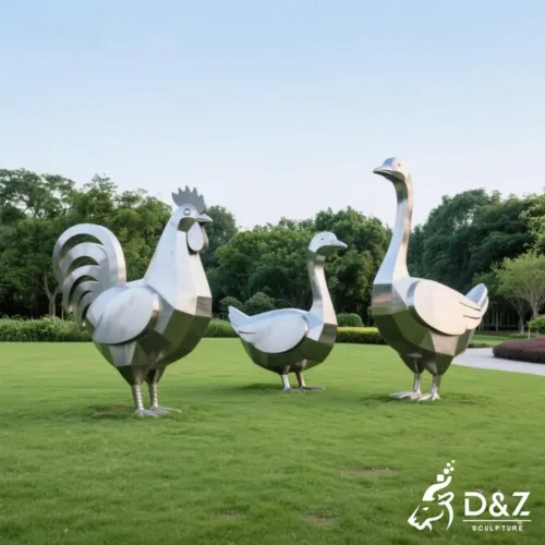 Custom metal goose garden statue with chicken garden statue and duck garden statue, crafted in stainless steel, mirror polished surface, geometric and playful, outdoor and indoor spaces-2