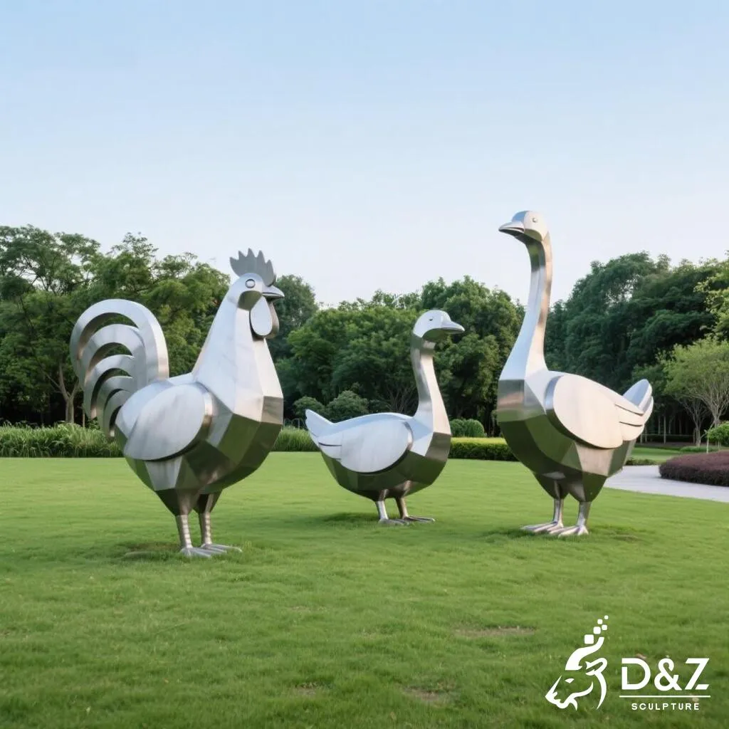 Custom metal goose garden statue with chicken garden statue and duck garden statue, crafted in stainless steel, mirror polished surface, geometric and playful, outdoor and indoor spaces-2