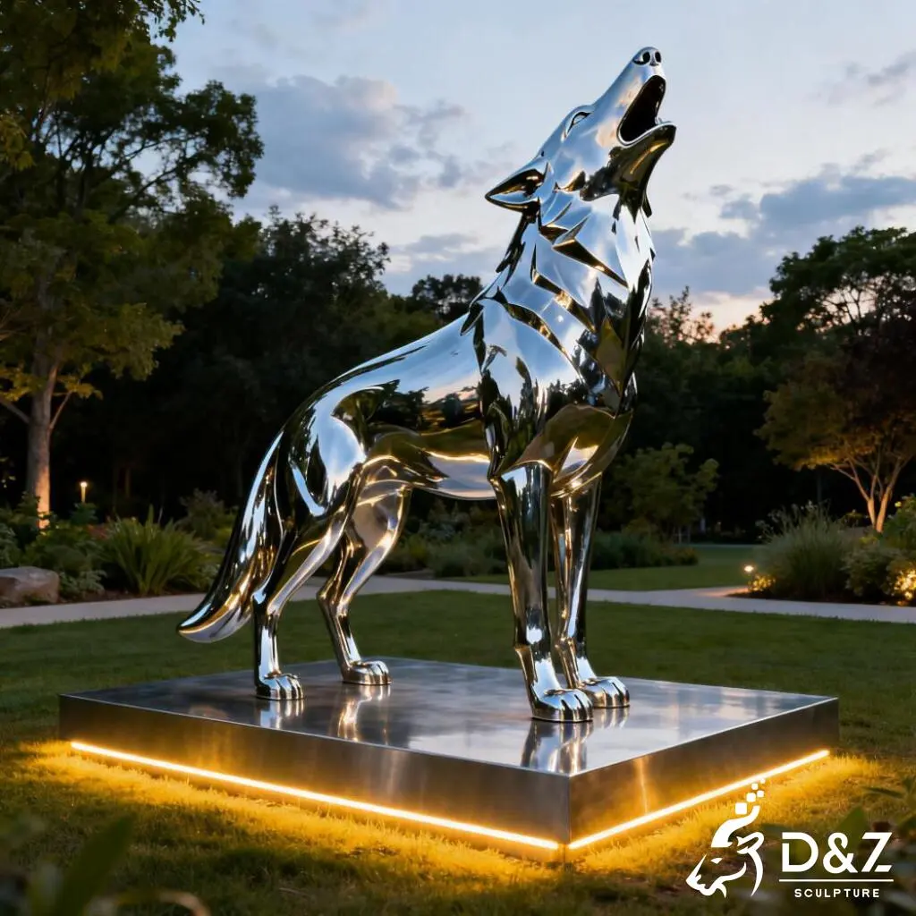 Custom metal wolf garden statue, crafted in stainless steel, mirror polished surface, geometric and playful, outdoor and indoor spaces-1