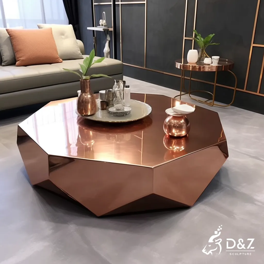 Custom metal art table, crafted in stainless steel, mirror polished surface, outdoor and indoor spaces-1