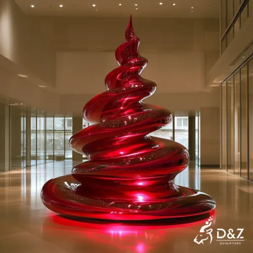 Custom metal spiral red Christmas tree sculpture, crafted in stainless steel, mirror polished surface, outdoor and indoor spaces-10