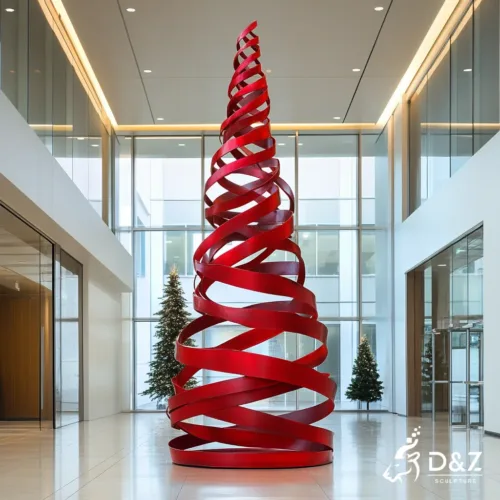Custom metal spiral red abstract Christmas tree sculpture, crafted in stainless steel, mirror polished surface, outdoor and indoor spaces-11