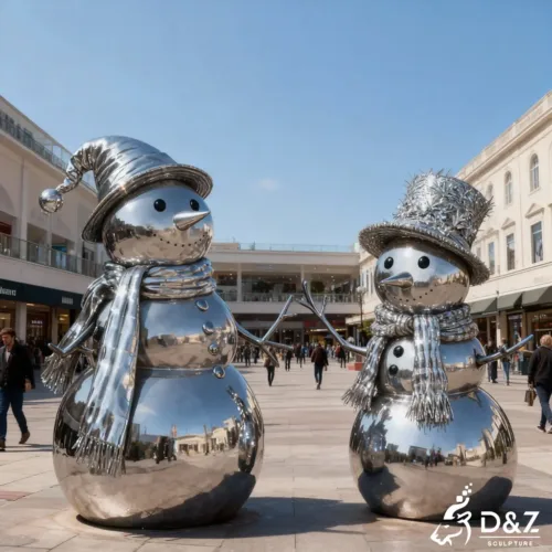 Custom funny metal snowman sculpture, crafted in stainless steel, mirror polished surface, outdoor and indoor spaces-2