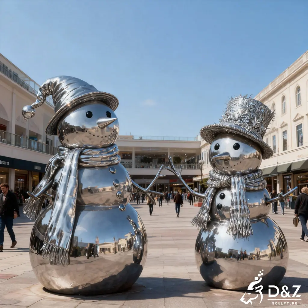 Custom funny metal snowman sculpture, crafted in stainless steel, mirror polished surface, outdoor and indoor spaces-2