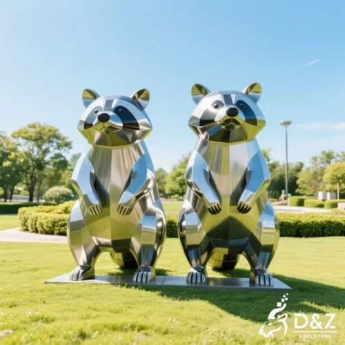 Custom metal raccoon garden statue, crafted in stainless steel, mirror polished surface, geometric and playful, outdoor and indoor spaces-1