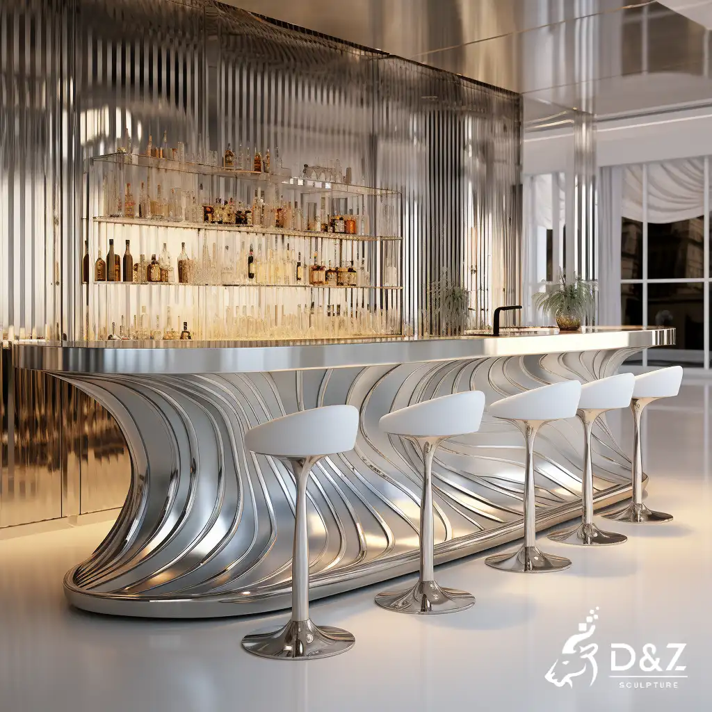 Custom stainless steel bar counter table with stools, crafted in stainless steel, mirror polished surface, outdoor and indoor spaces-3