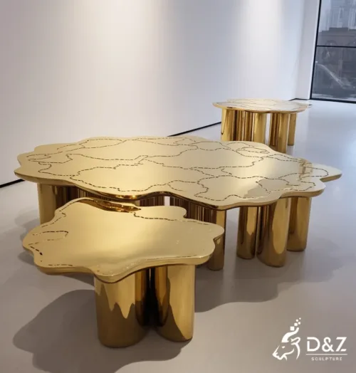Custom metal gold coffee table, crafted in stainless steel, mirror polished surface, outdoor and indoor spaces-4