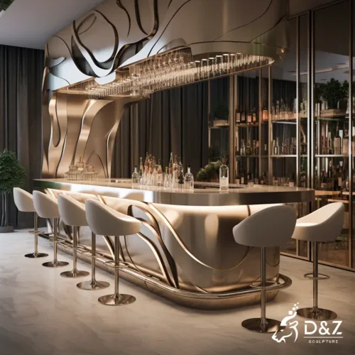 Custom stainless steel bar counter table with stools, crafted in stainless steel, mirror polished surface, outdoor and indoor spaces-4