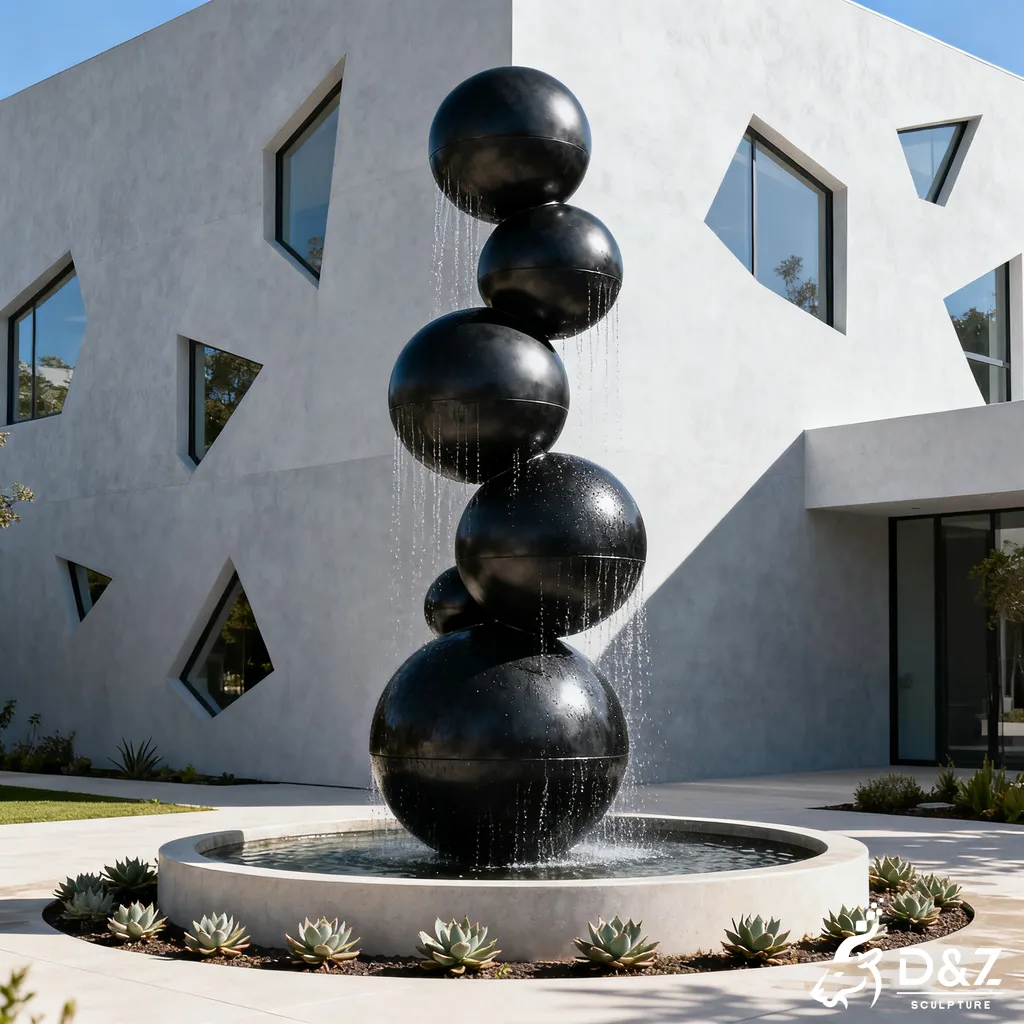 Custom metal modern sphere fountain, crafted in stainless steel, mirror polished surface, outdoor and indoor spaces-4