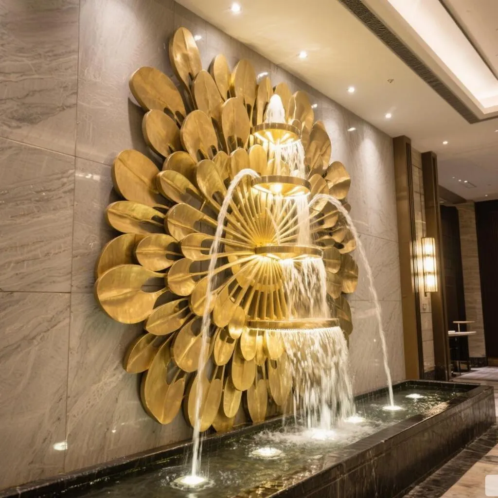 Custom metal modern wall water fountain, crafted in stainless steel, mirror polished surface, outdoor and indoor spaces-5