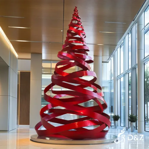 Custom metal spiral red abstract Christmas tree sculpture, crafted in stainless steel, mirror polished surface, outdoor and indoor spaces-5