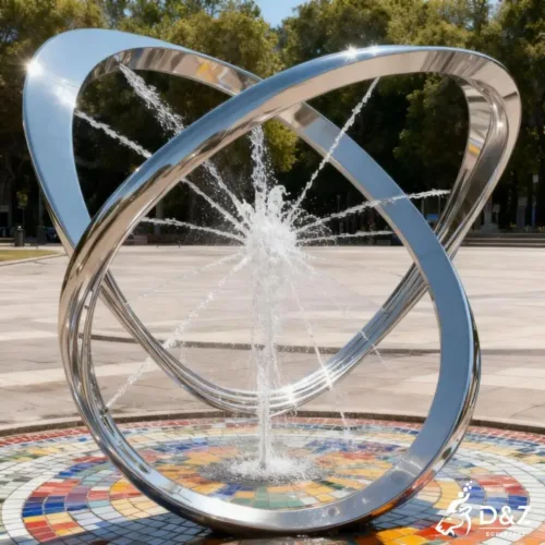 Custom abstract modern metal fountain, crafted in stainless steel, mirror polished surface, outdoor and indoor spaces-4