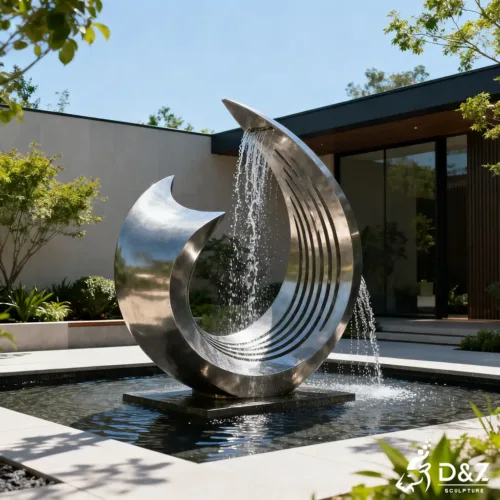 Custom metal modern house fountain, crafted in stainless steel, mirror polished or matte surface, outdoor and indoor spaces-6
