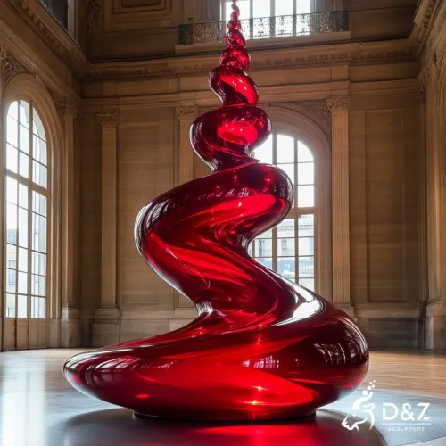 Custom metal spiral red Christmas tree sculpture, crafted in stainless steel, mirror polished surface, outdoor and indoor spaces-9