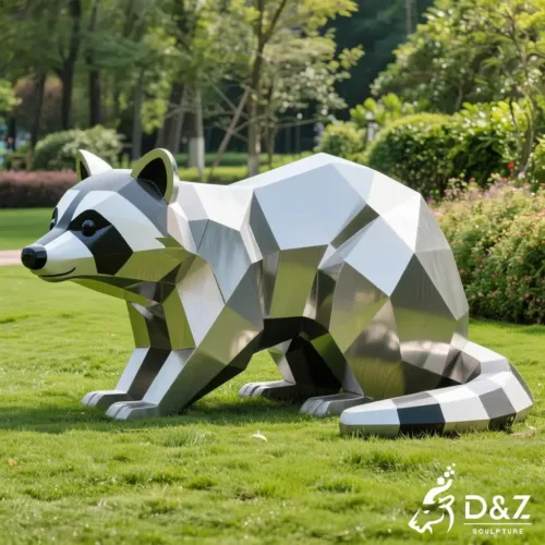 Custom metal raccoon garden statue, crafted in stainless steel, mirror polished surface, geometric and playful, outdoor and indoor spaces-4