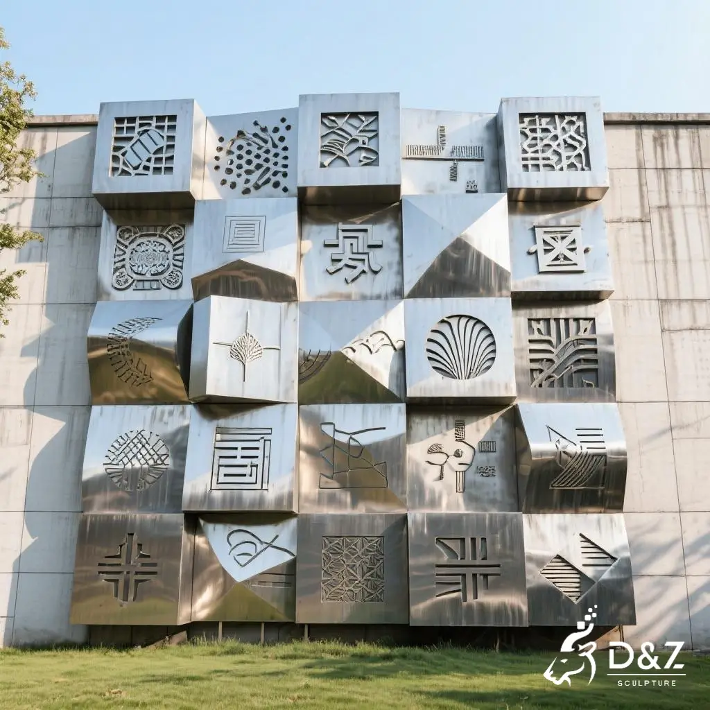 Custom metal brick wall sculpture, crafted in stainless steel, mirror polished surface, outdoor and indoor spaces-11
