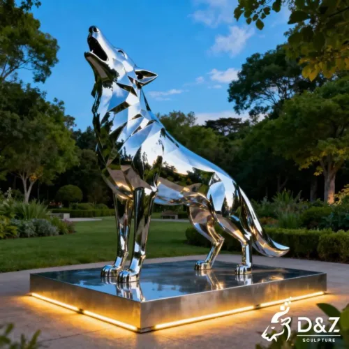 Custom metal wolf garden statue, crafted in stainless steel, mirror polished surface, geometric and playful, outdoor and indoor spaces-7