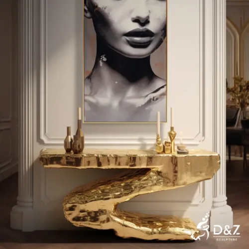 Custom gold metal console table, crafted in stainless steel, mirror polished surface, outdoor and indoor spaces-1