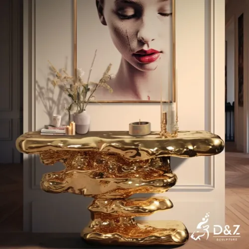 Custom gold metal console table, crafted in stainless steel, mirror polished surface, outdoor and indoor spaces-8