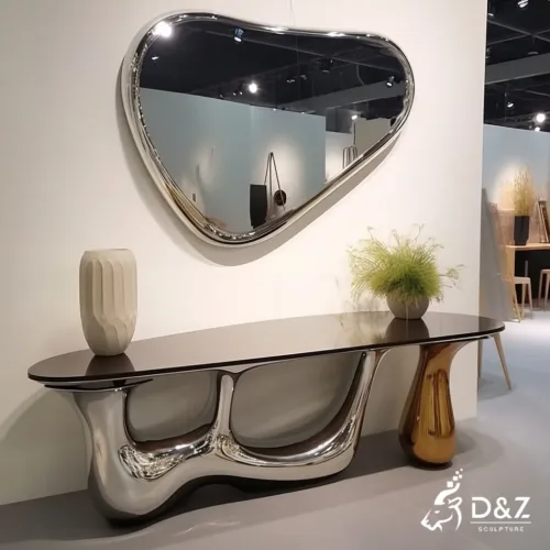 Custom metal console table, crafted in stainless steel, mirror polished surface, outdoor and indoor spaces-1