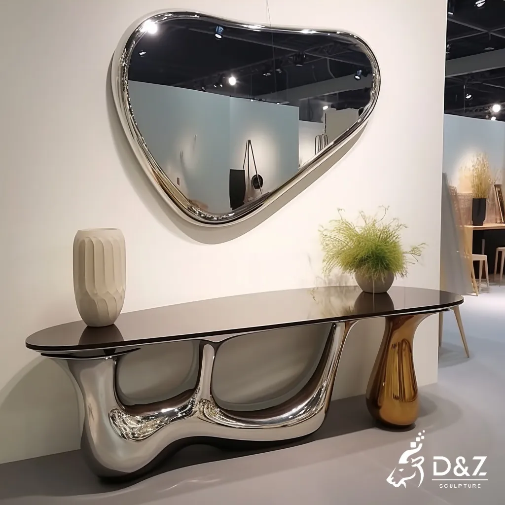 Custom metal console table, crafted in stainless steel, mirror polished surface, outdoor and indoor spaces-1