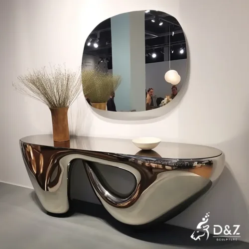 Custom metal console table, crafted in stainless steel, mirror polished surface, outdoor and indoor spaces-2