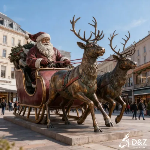 Custom Christmas large bronze Father Christmas statue on sleigh with reindeer, cast by lost-wax method, outdoor and indoor decoration-7